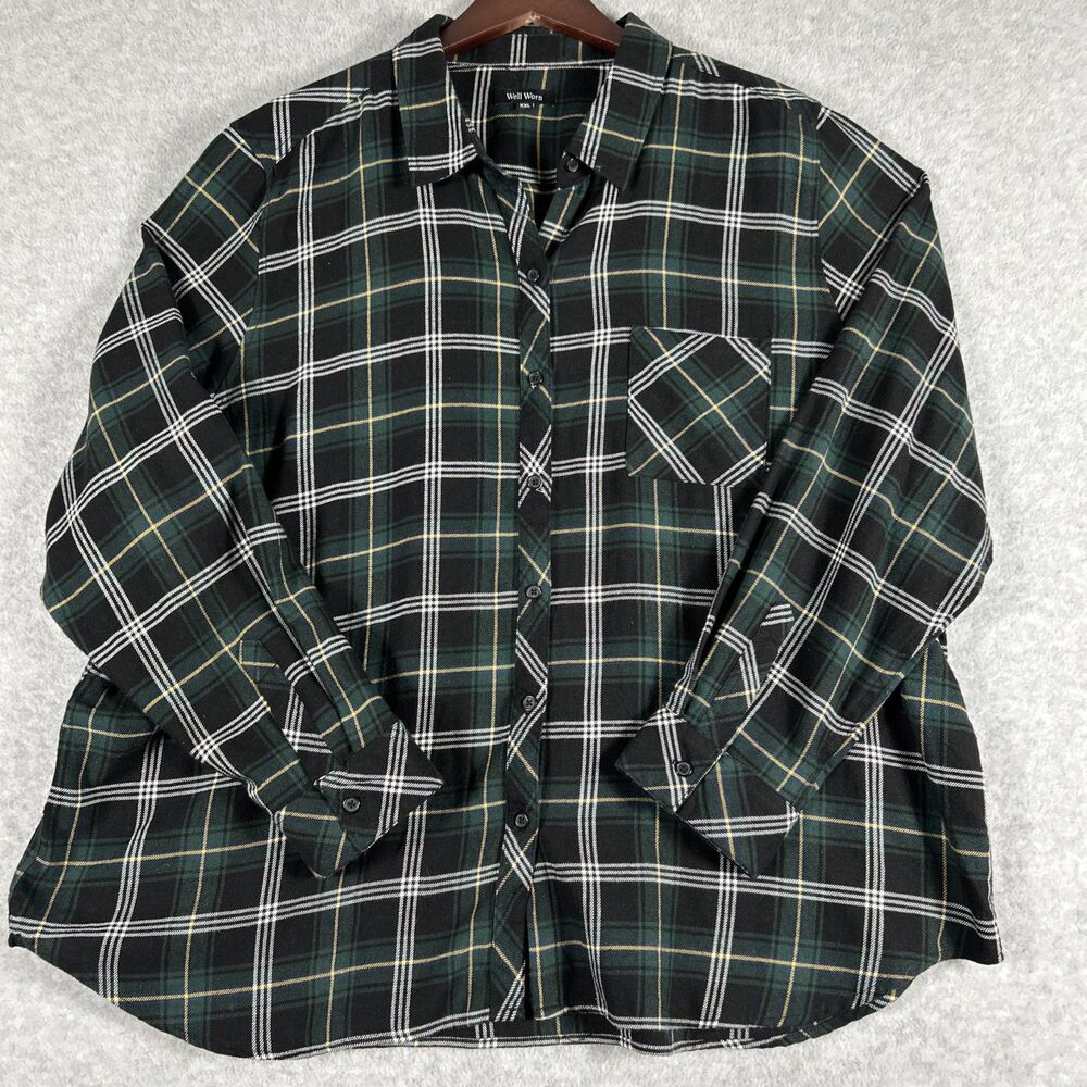 Well Worn Button Up Flannel Shirt Womens Size XXL Green Plaid Long Sleeve